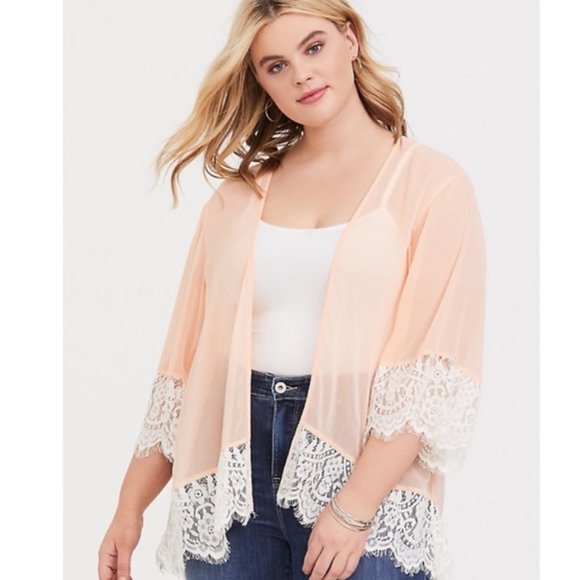 torrid Sweaters - Torrid Peach Mimosa Light Sheer Chiffon Kimono 3/4